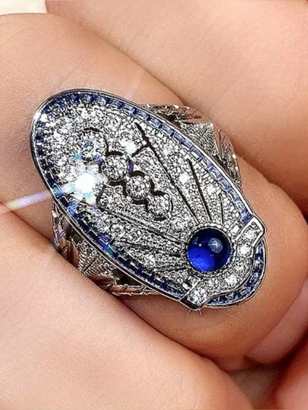Anthropologie Art Deco Style Blue Cabochon Pavé Crystal Statement Ring Size 7